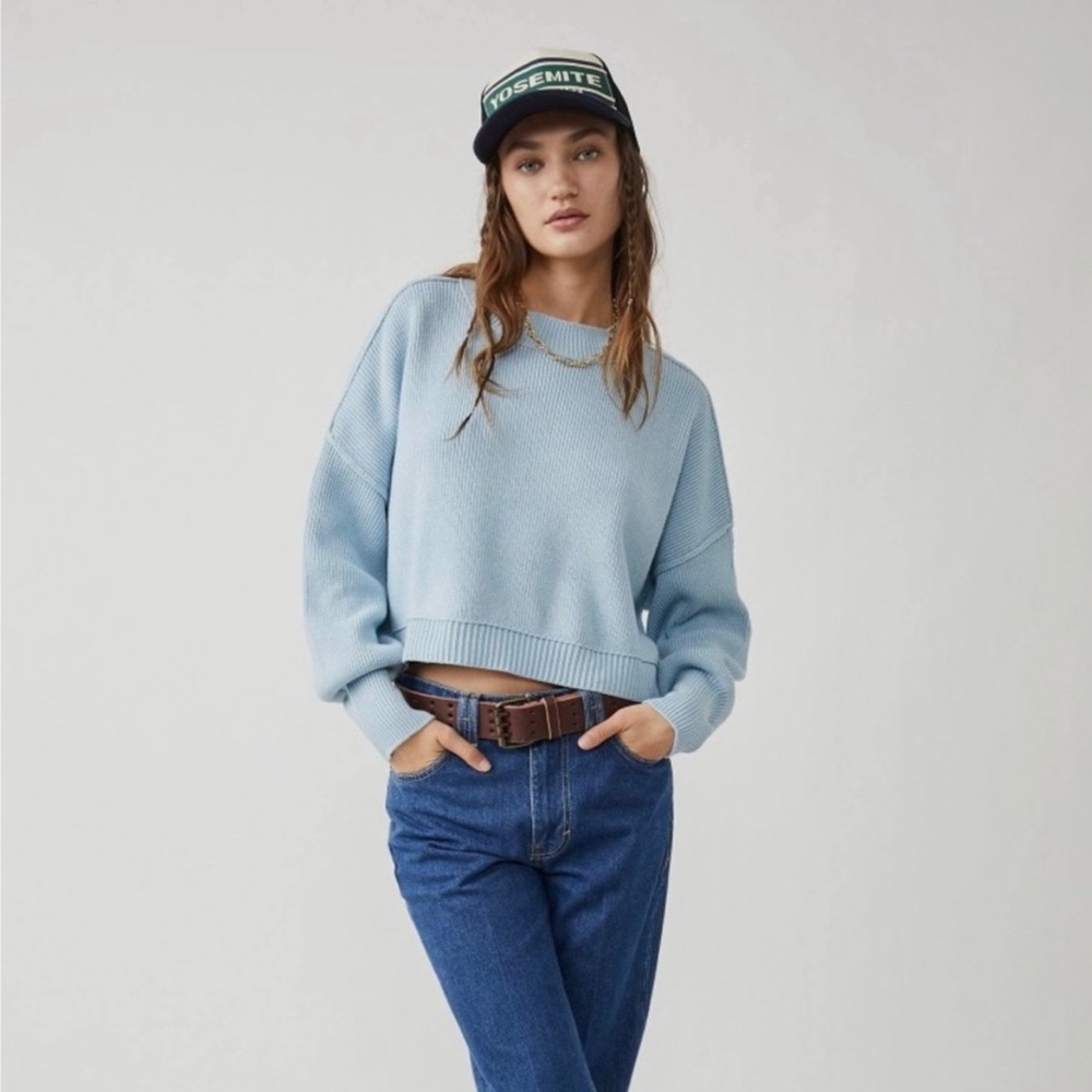 Free People Boho Boxy Cropped Easy Street Pullover Sweater Light Blue Size Large
